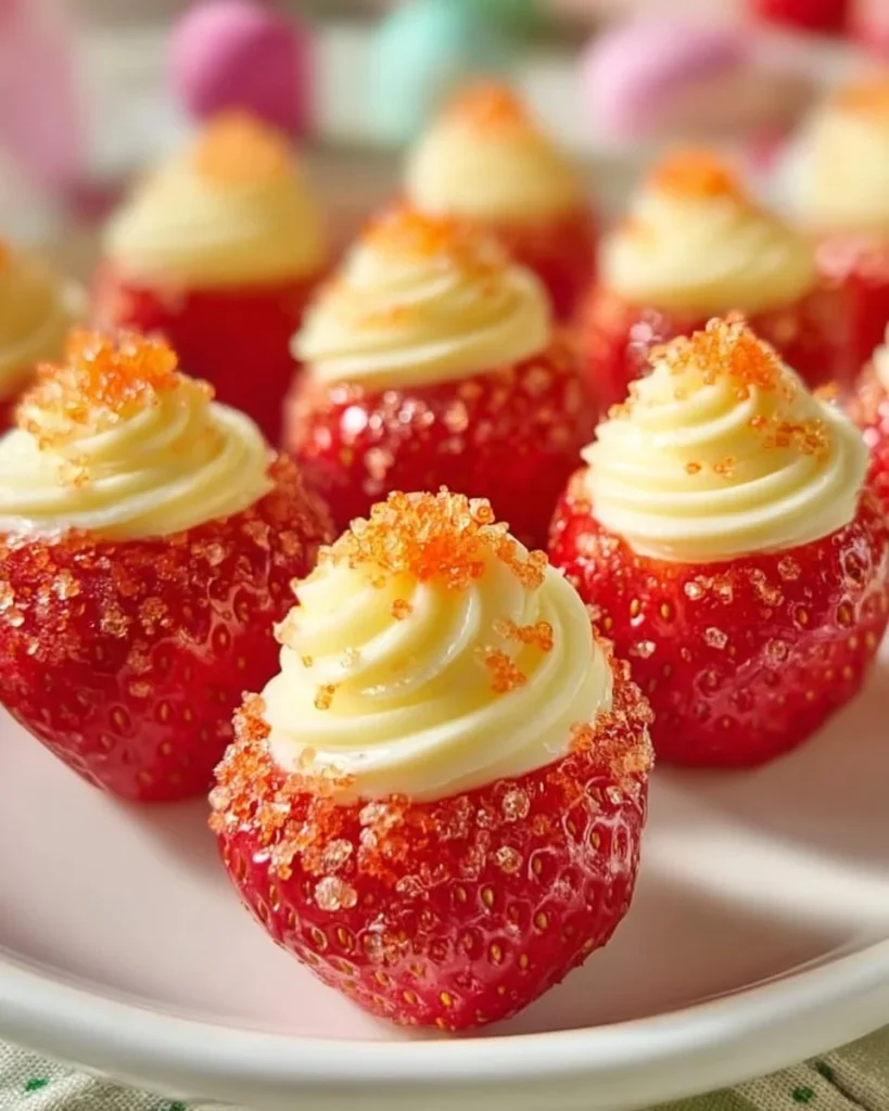 Cheesecake deviled strawberries garnished for a delightful dessert platter.