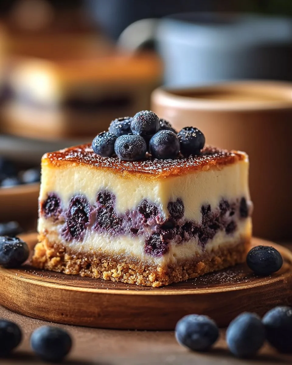 Delicious homemade cheesecake squares on a plate.