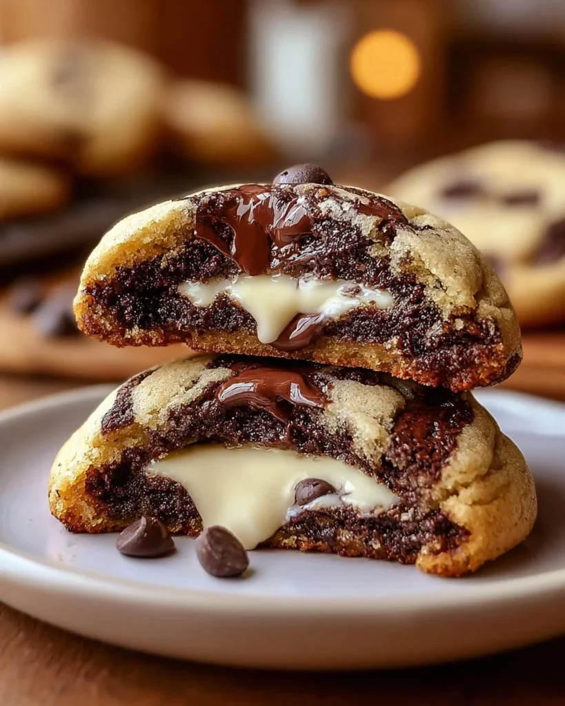 Delicious cheesecake stuffed chocolate chip cookies on a plate