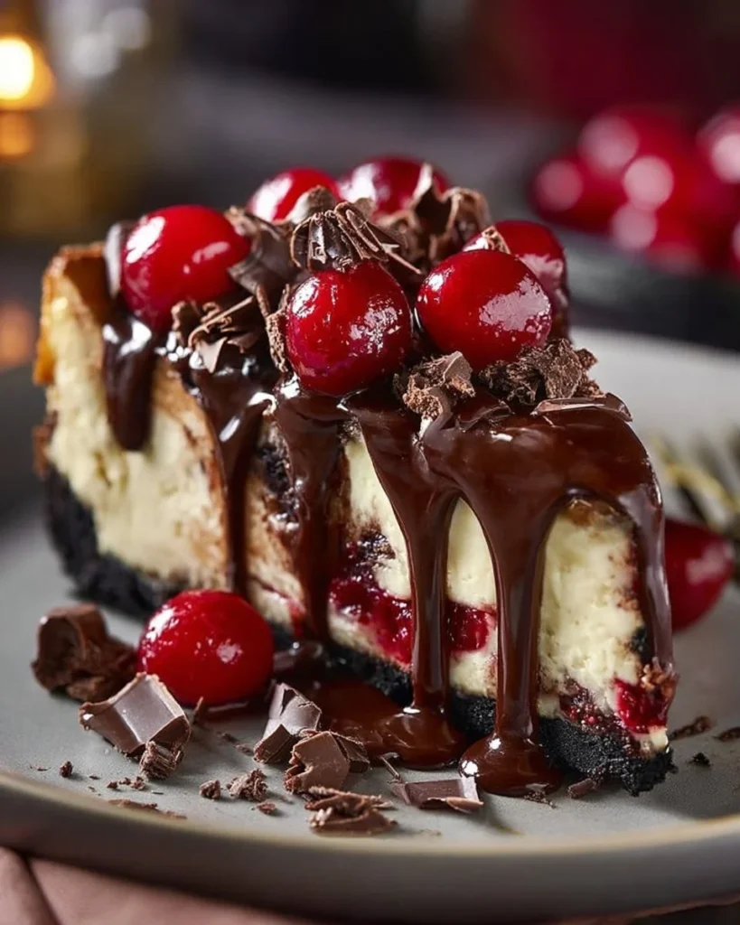 Cheesecake Symphony Black Forest dessert with chocolate and cherries