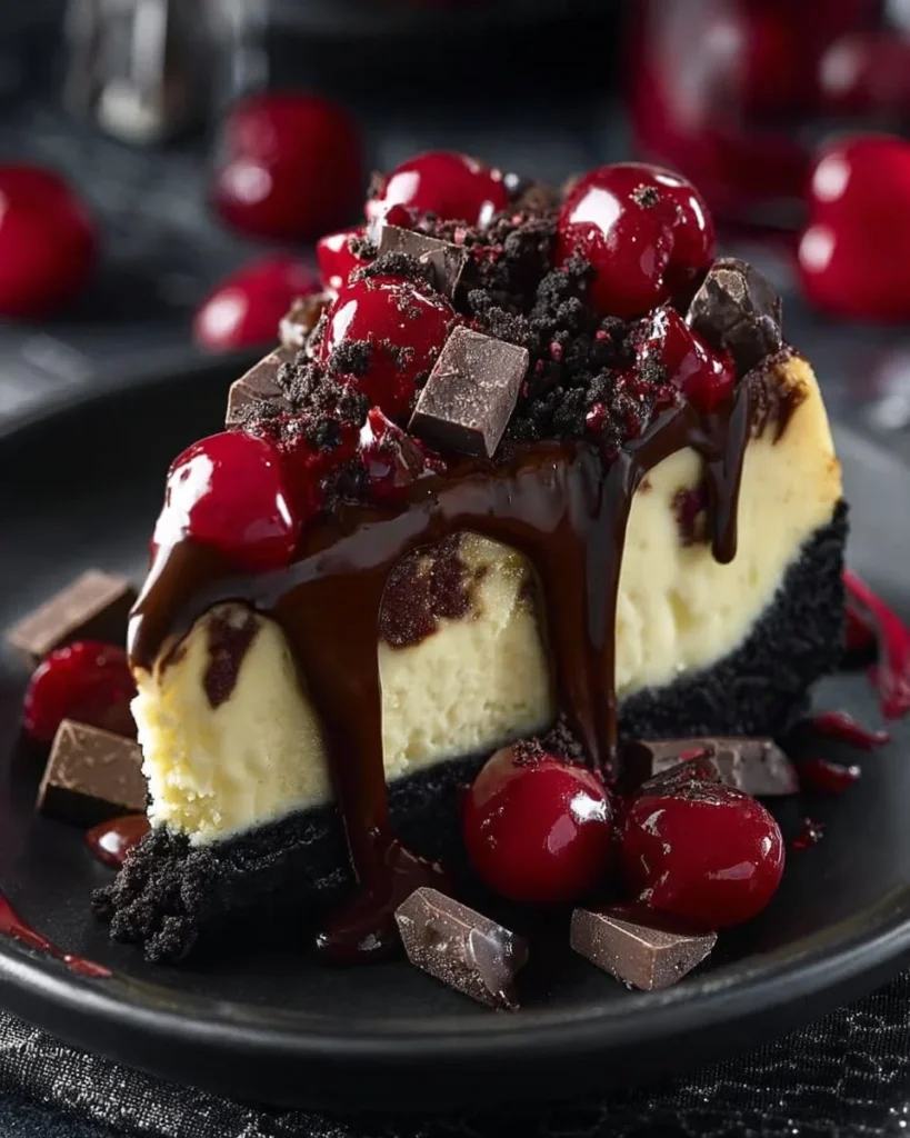 Cheesecake Symphony Black Forest dessert topped with cherries and chocolate