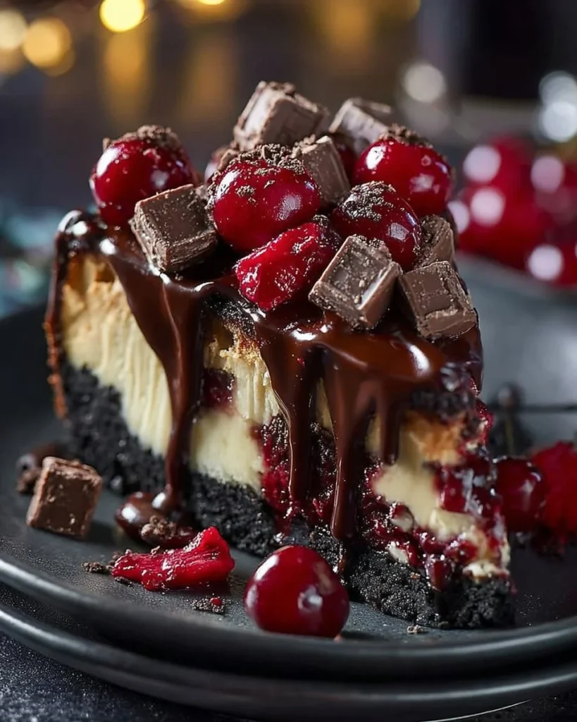 Delicious Cheesecake Symphony Black Forest dessert topped with cherries and chocolate.