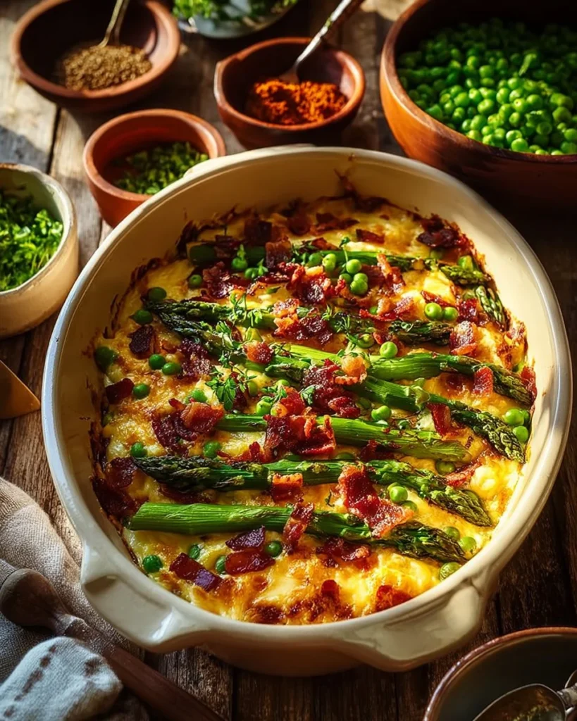 Baked Cheesy Bacon Asparagus served in a dish