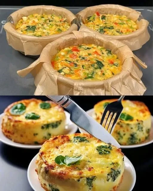 Cheesy baked vegetable quiche served on a rustic table