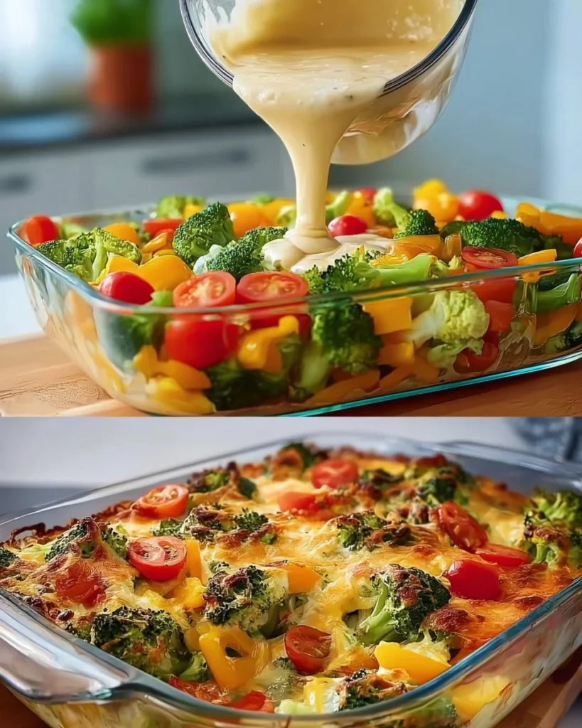 Cheesy baked vegetables casserole filled with colorful vegetables and cheese
