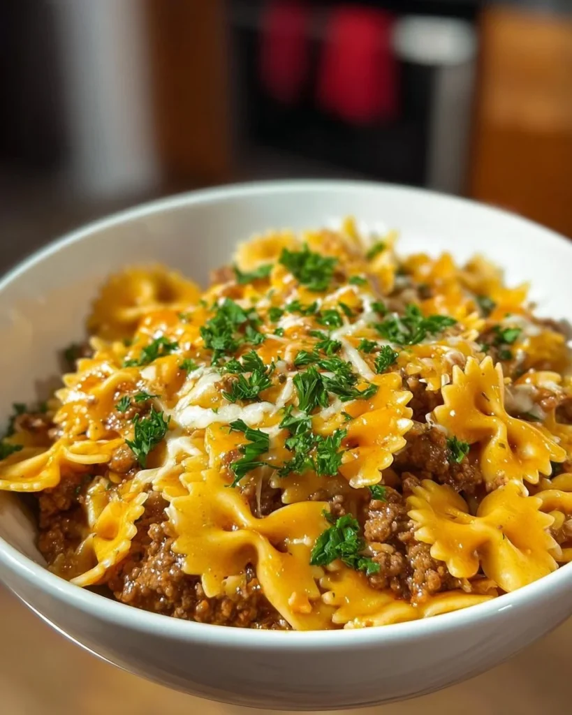 Cheesy Beef and Bowtie Pasta served in garlic butter on a plate