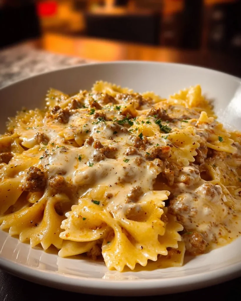 Cheesy Beef Bowtie Pasta with Velveeta and Parmesan Herb Sauce