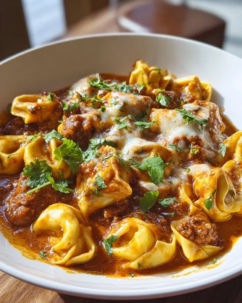 Cheesy beef enchilada tortellini served with melted cheese and fresh toppings