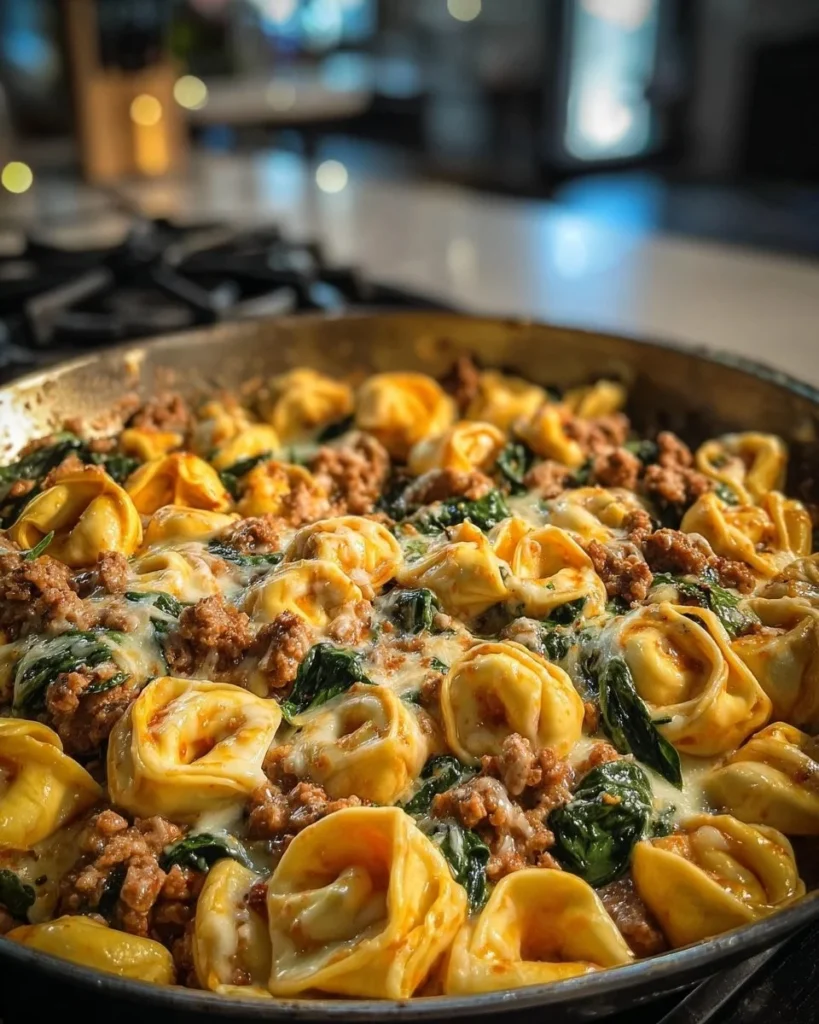 Cheesy Beef Tortellini Alfredo with Spinach served in a bowl