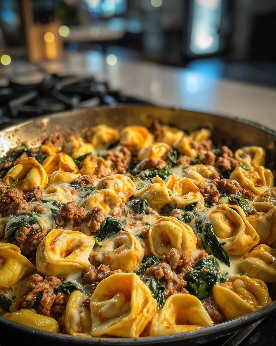 Cheesy Beef Tortellini Alfredo with Spinach served in a bowl