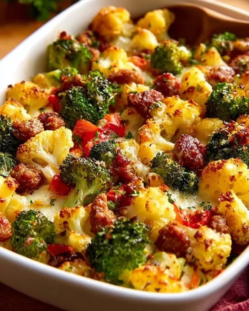 Cheesy broccoli and cauliflower bake in a dish, perfect for family meals.