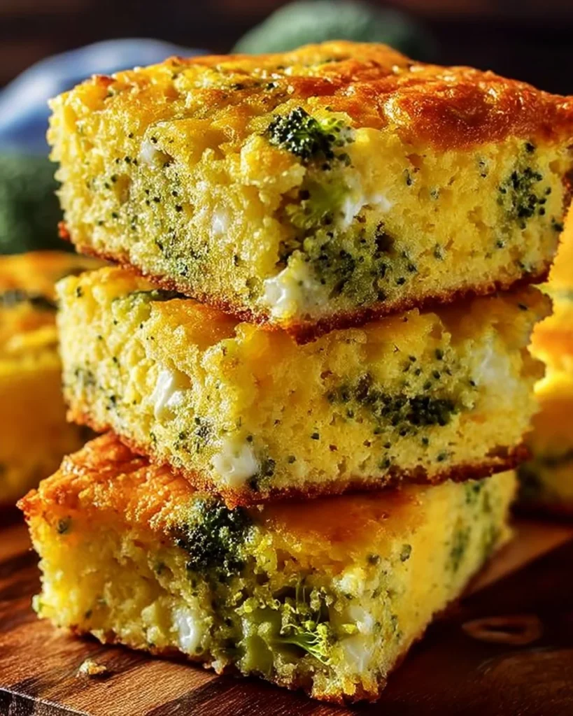 Cheesy broccoli cornbread fresh out of the oven served on a plate