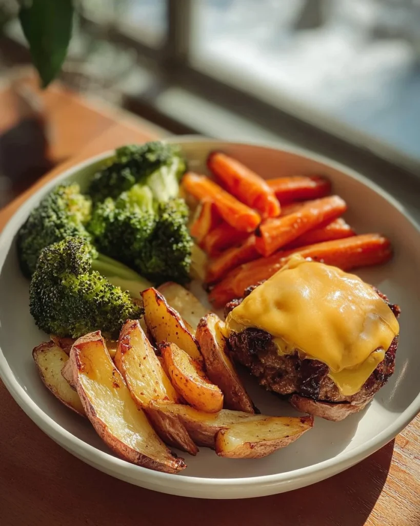 Cheesy burger plate with roasted vegetables, served on a rustic table