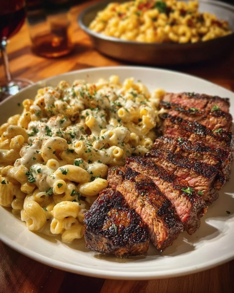 Cheesy Cajun garlic butter steak with creamy rigatoni on a plate.