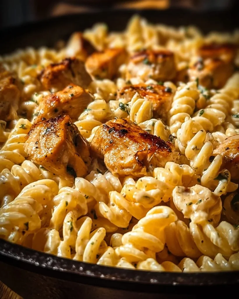 Cheesy Cajun Garlic Chicken Rotini served in a bowl with herbs on top