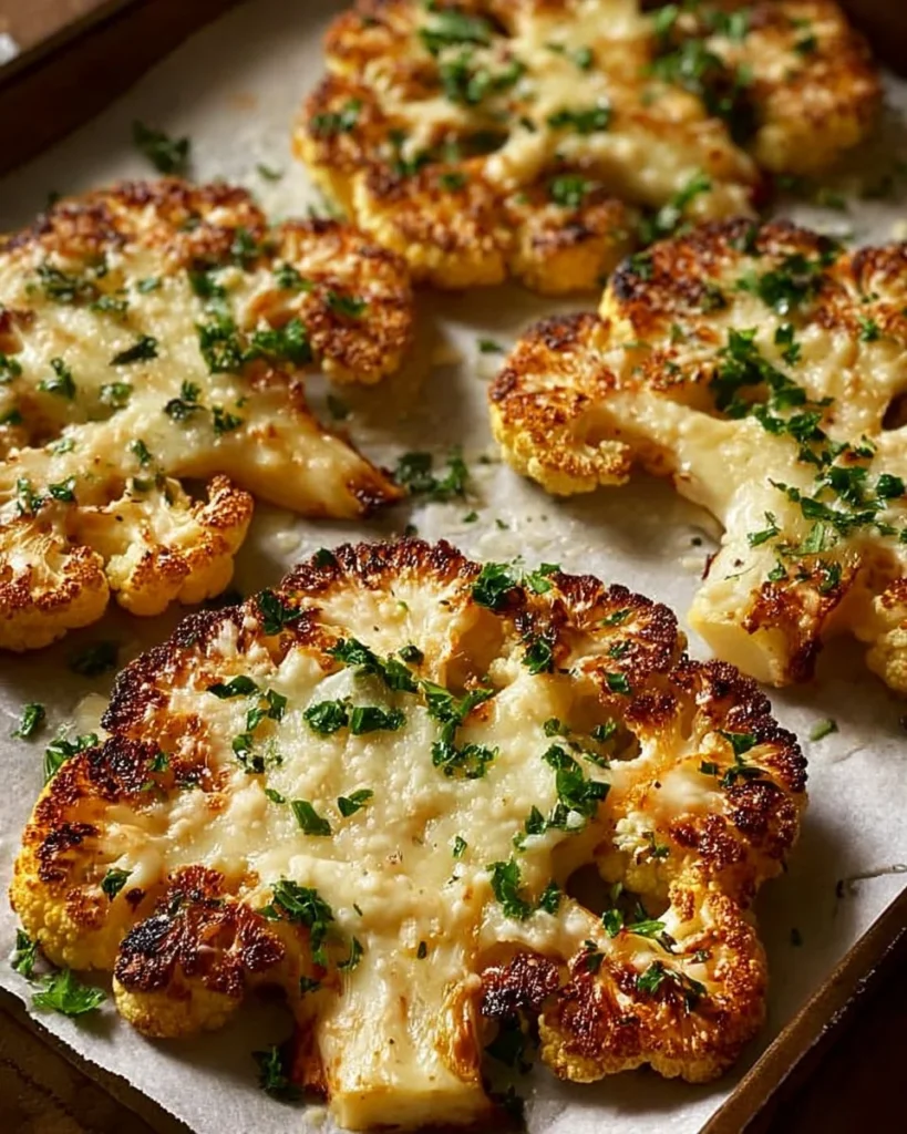 Cheesy cauliflower steak served with herbs and cheese toppings.
