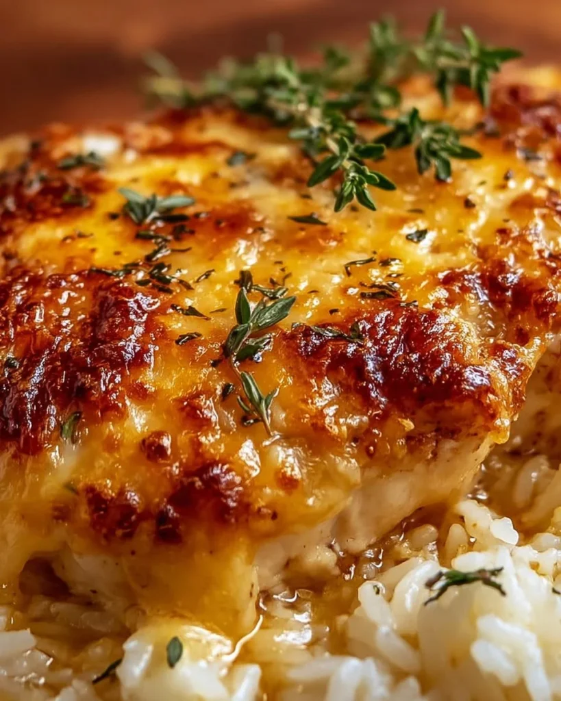 Cheesy chicken and rice casserole topped with melted cheese and garnished with herbs