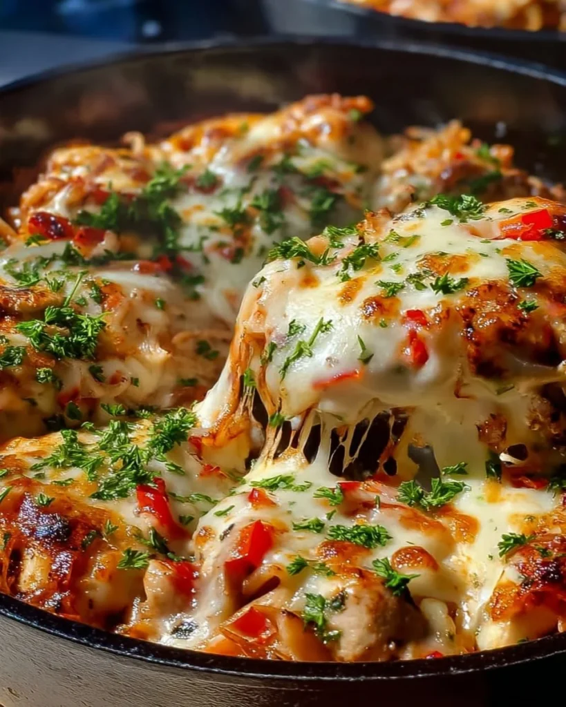 Cheesy Chicken and Vegetable Bake with melted cheese and colorful veggies