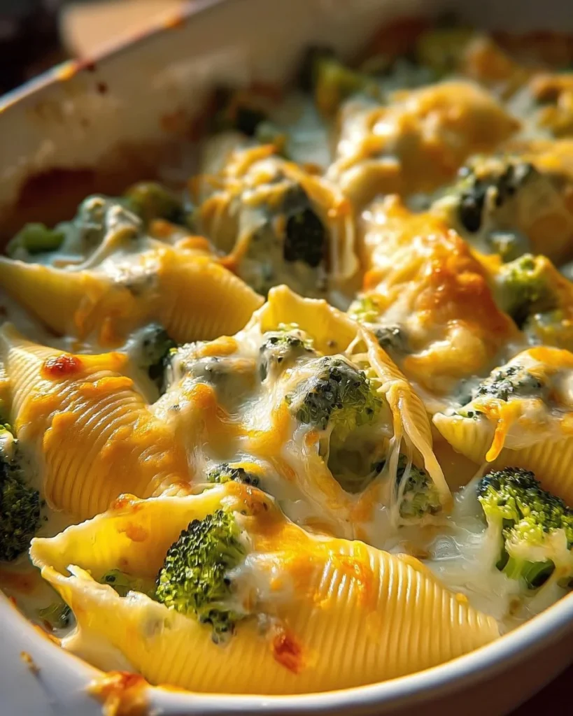 Cheesy chicken and broccoli stuffed shells served in a baking dish