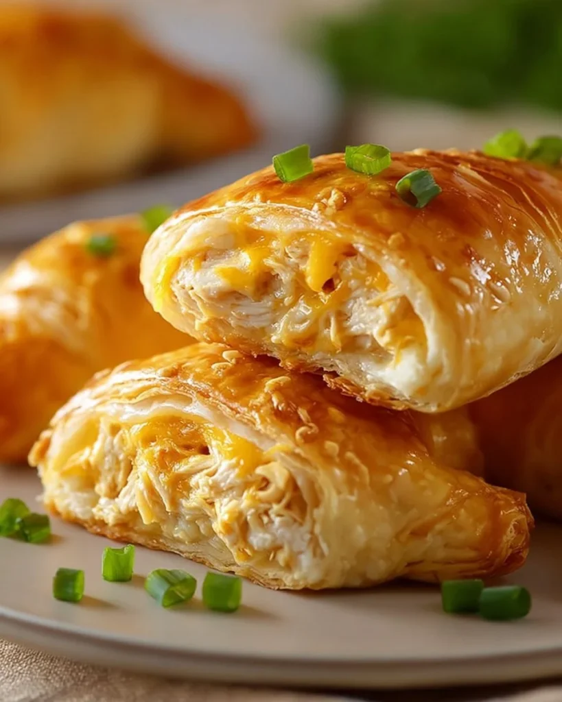 Cheesy chicken crescent roll-ups baked to perfection on a plate.