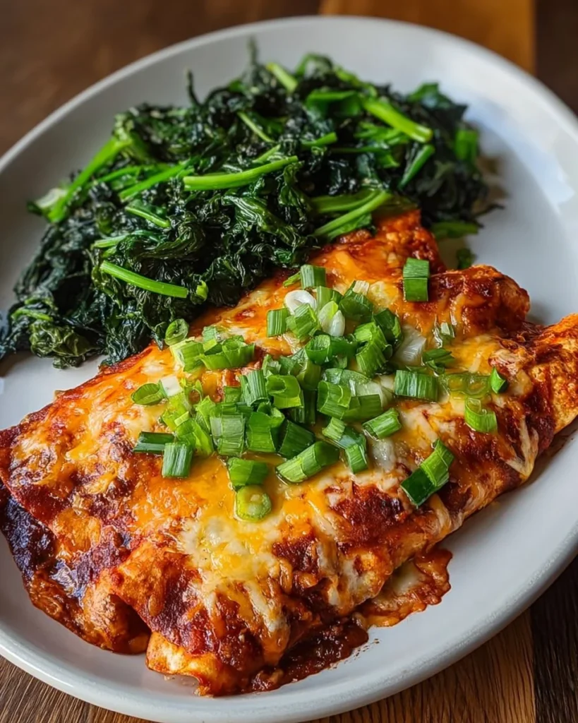 Delicious cheesy chicken enchiladas served with sautéed greens