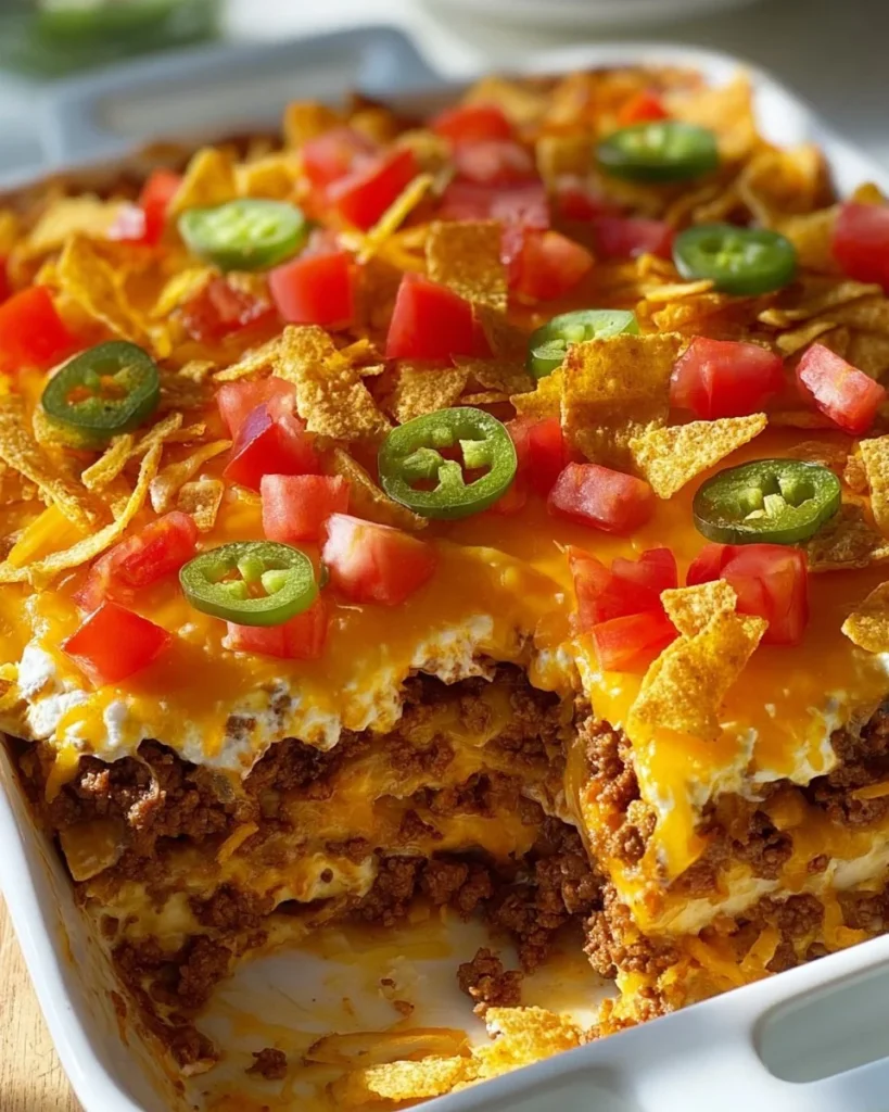 Cheesy Dorito Casserole topped with crunchy Doritos in a baking dish.