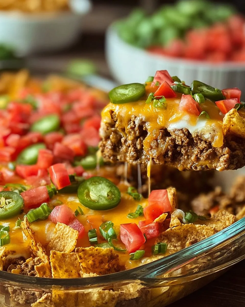 Delicious Cheesy Dorito Casserole topped with melted cheese and Doritos