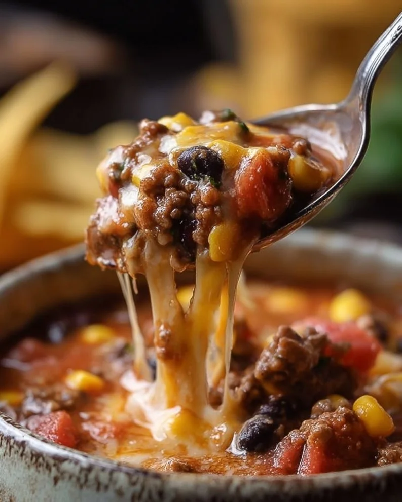 A bowl of cheesy enchilada chili topped with cheese and cilantro