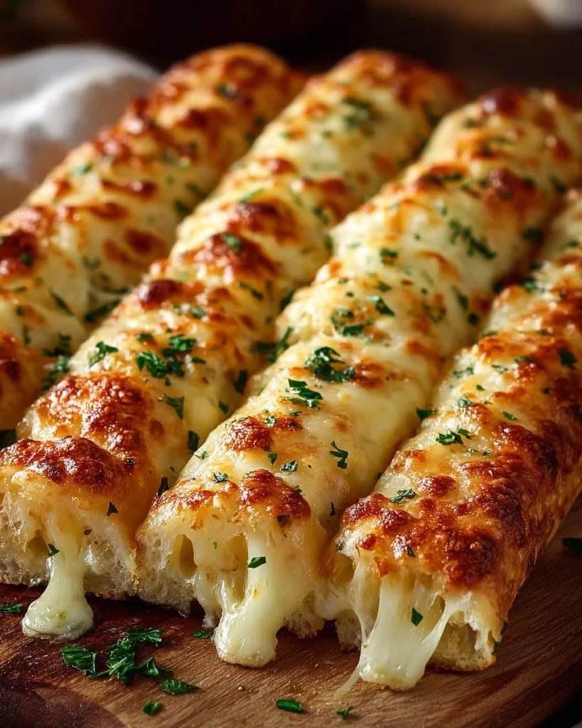 Cheesy garlic breadsticks fresh out of the oven, golden and delicious.