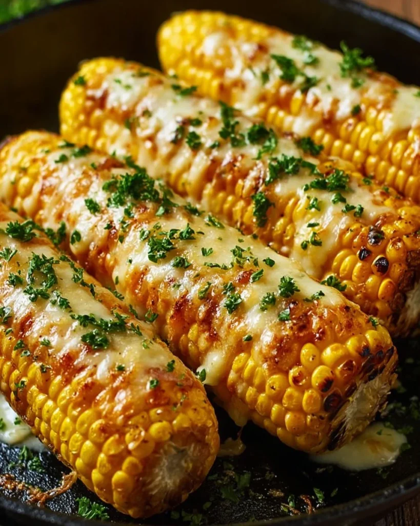 Delicious cheesy garlic butter corn on the cob served on a plate