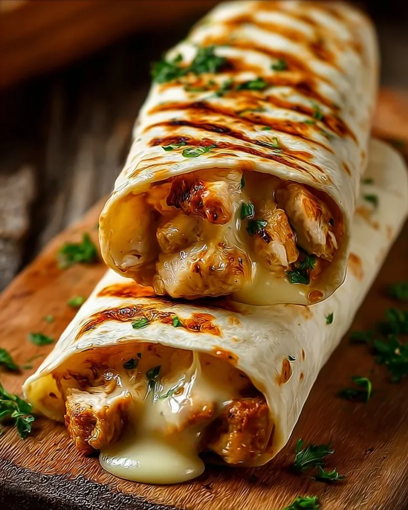 Cheesy garlic chicken wraps served with fresh greens and dipping sauce.