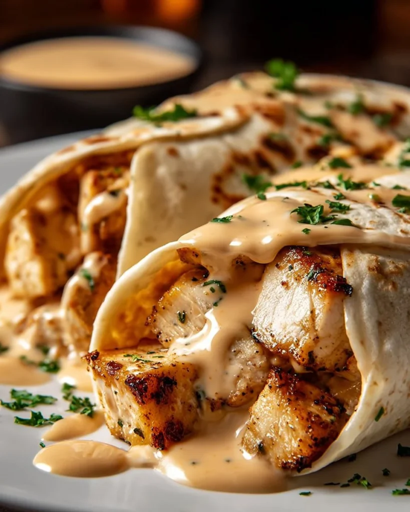 Cheesy garlic chicken wraps filled with tender chicken and melted cheese.