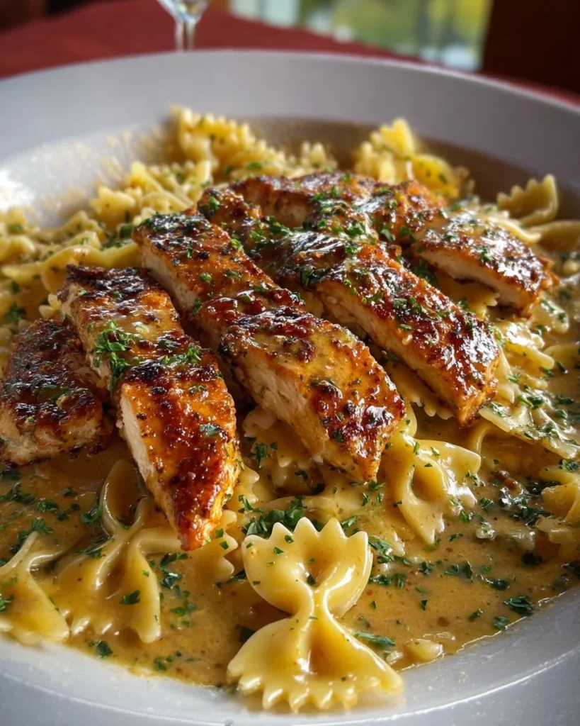 Cheesy garlic parmesan chicken bowtie pasta with Cajun seasoning
