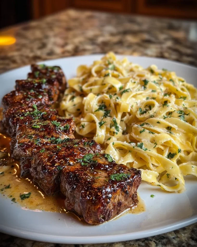 Cheesy garlic steak bites served on creamy linguine pasta, garnished with herbs.
