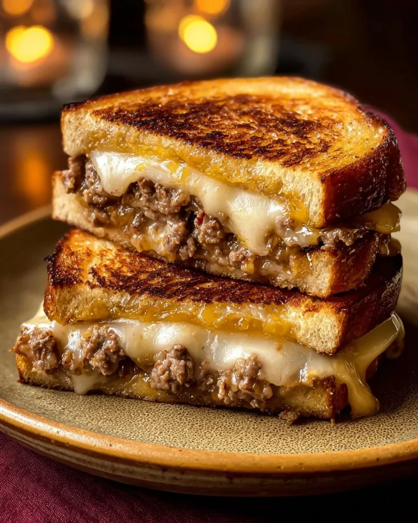 Delicious cheesy ground beef patty melts on a skillet with melted cheese