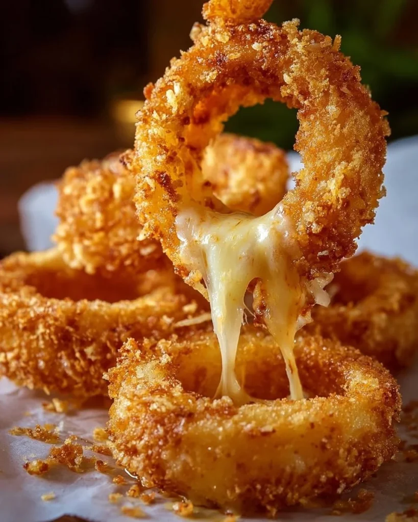 Crispy cheesy mozzarella onion rings served with dipping sauce