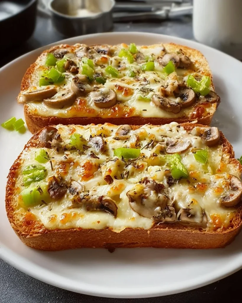 Cheesy mushroom toast melt topped with herbs and melted cheese on rustic bread.