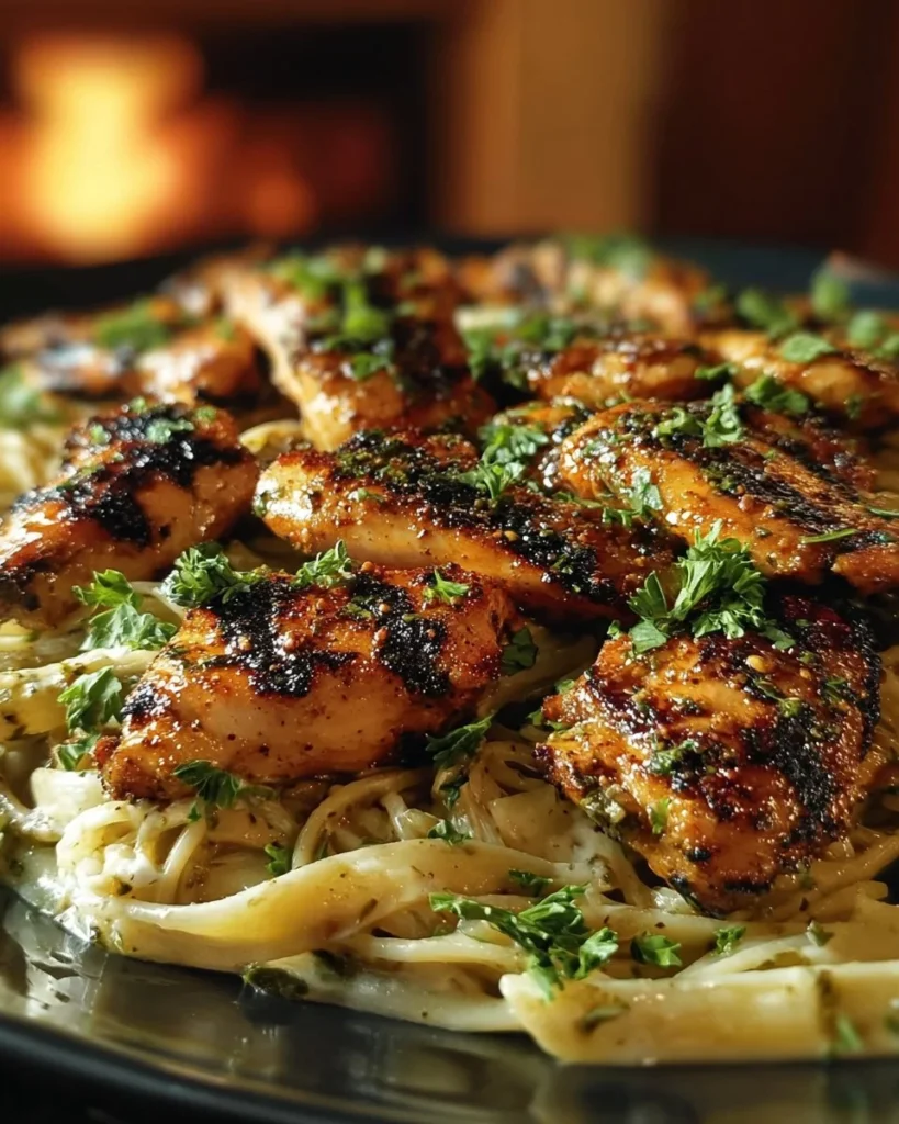 Cheesy Penne topped with Cajun Chicken drizzled in garlic Parmesan cream sauce.