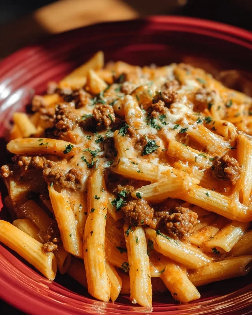 Cheesy Penne with Garlic Butter Ground Beef served in a bowl