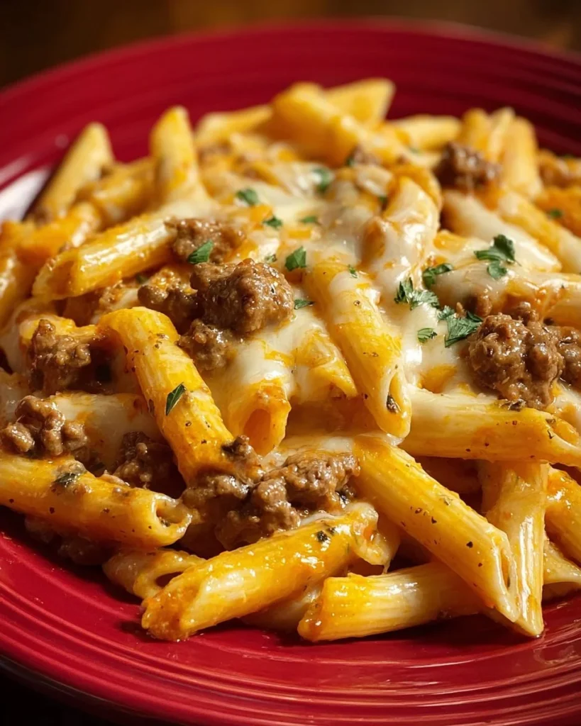 Delicious Cheesy Penne with Garlic Butter Ground Beef served in a bowl