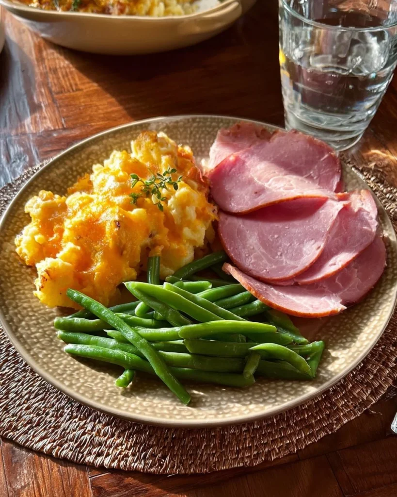 Cheesy Potato Bake with spiral cut ham and garlicky green beans served on a plate.