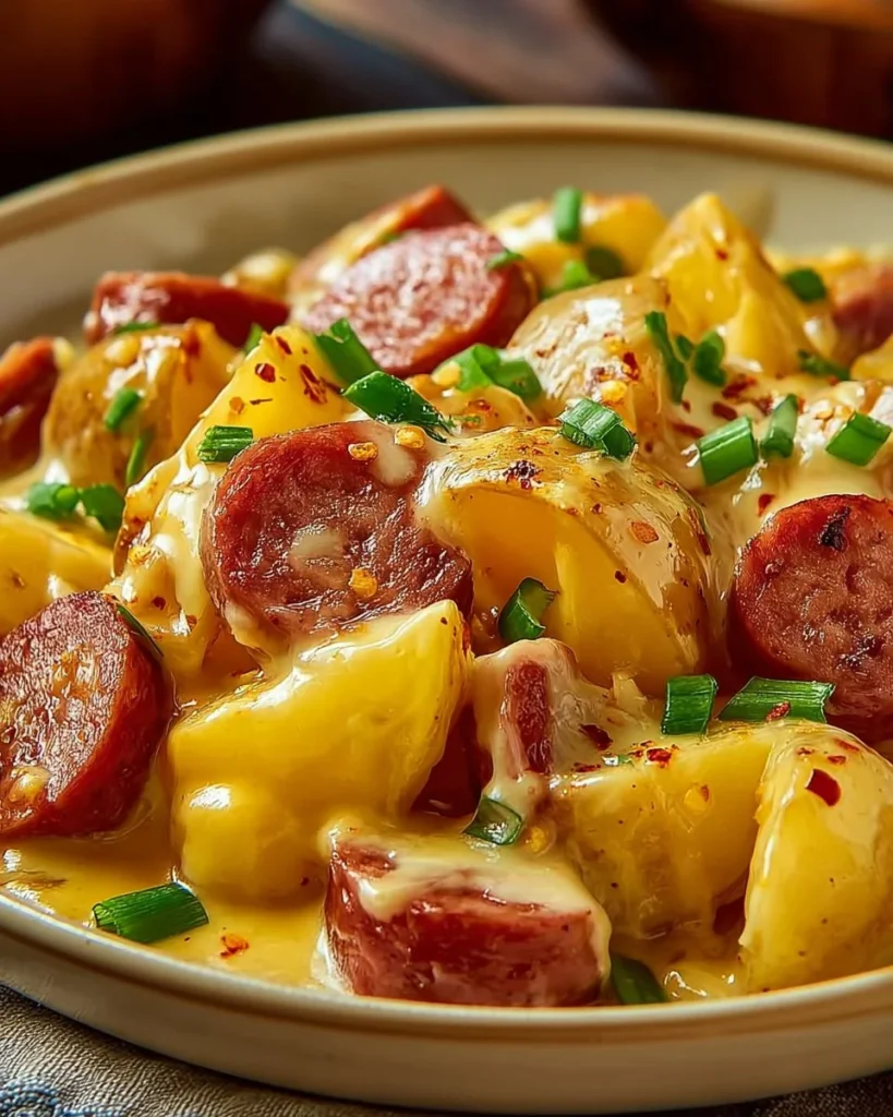 Delicious cheesy ranch potatoes with sausage served in a bowl