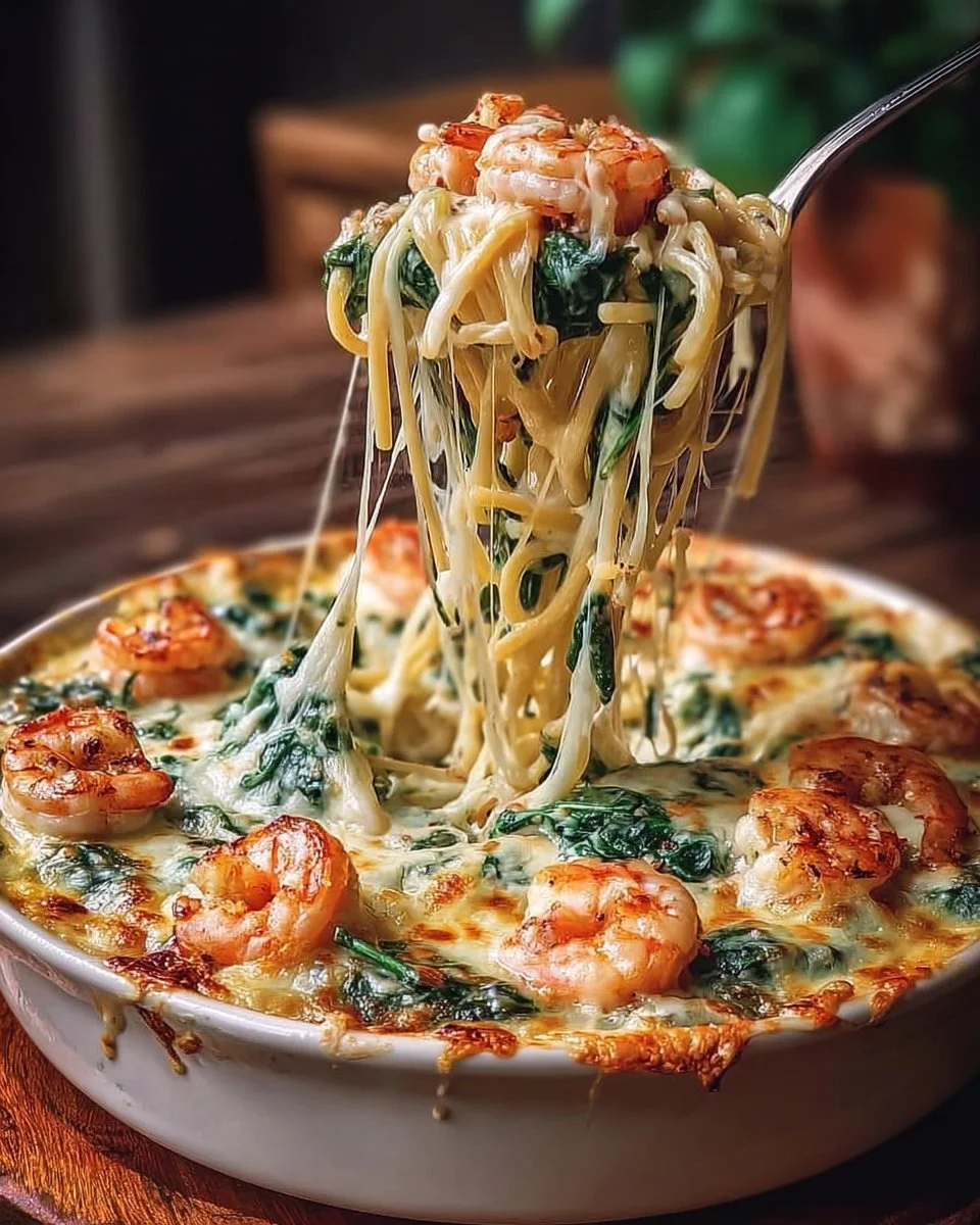 Cheesy shrimp and crab dip with spinach served in a bowl
