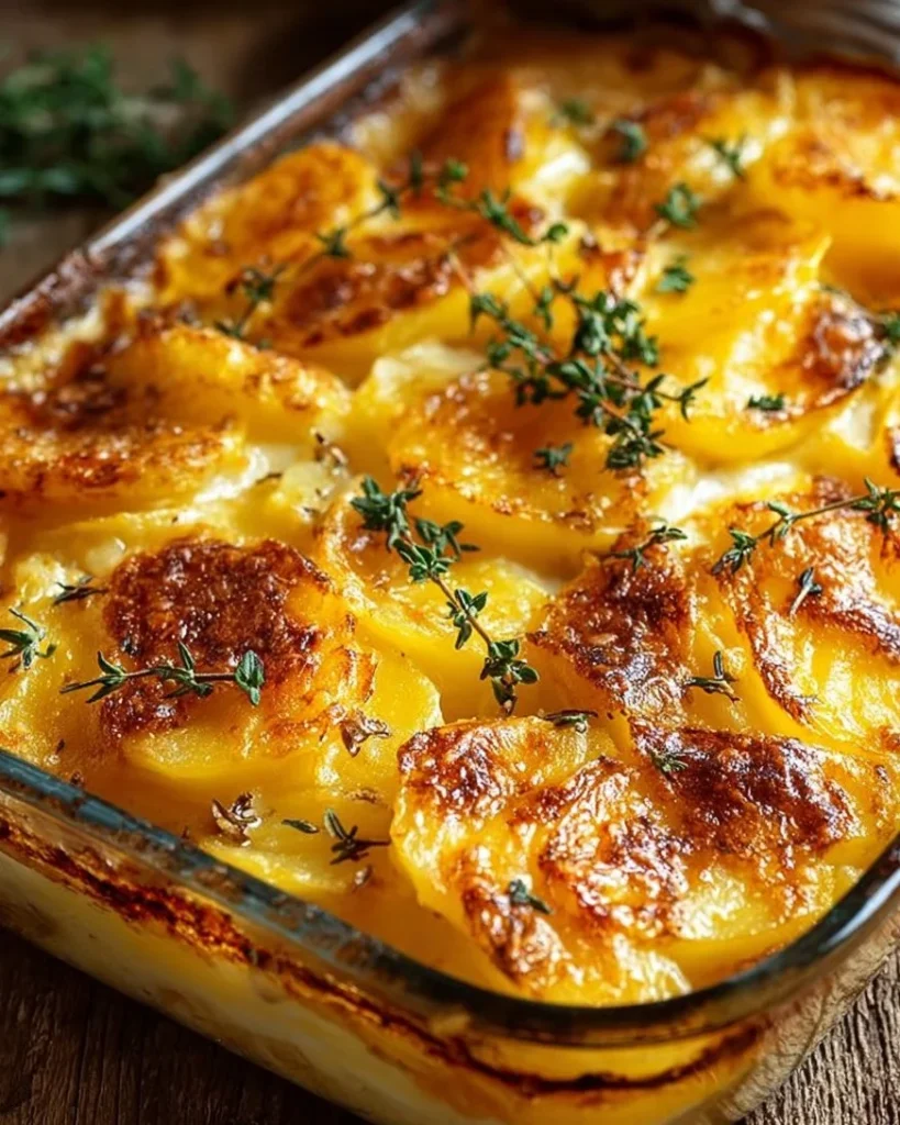 Cheesy scalloped potatoes baked to perfection with creamy cheese sauce.