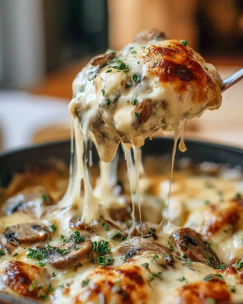 Delicious Cheesy Skillet Chicken and Mushrooms served with toppings.