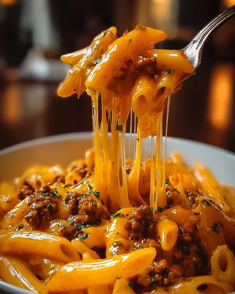 Delicious cheesy sloppy cheeseburger pasta served in a bowl.