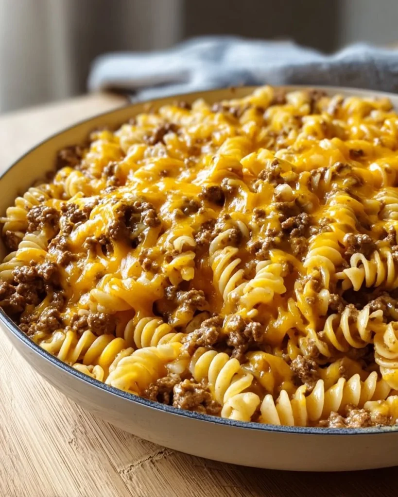 Cheesy Sloppy Cheeseburger Pasta garnished with fresh herbs in a bowl