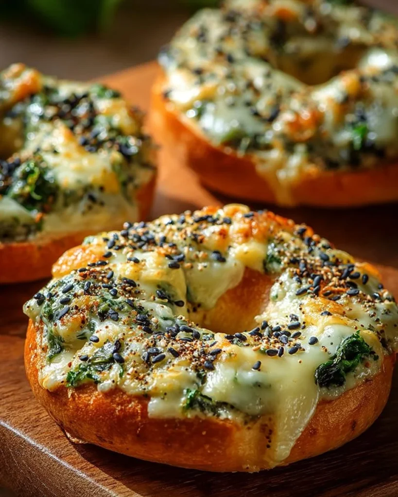 Cheesy spinach-artichoke bagels topped with melted cheese and fresh spinach.