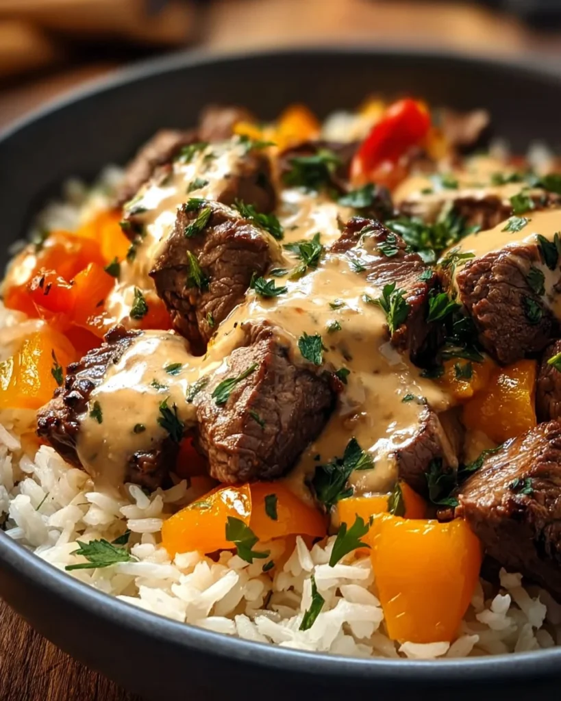 Delicious Cheesy Steak & Queso Rice Bowl with flavorful ingredients