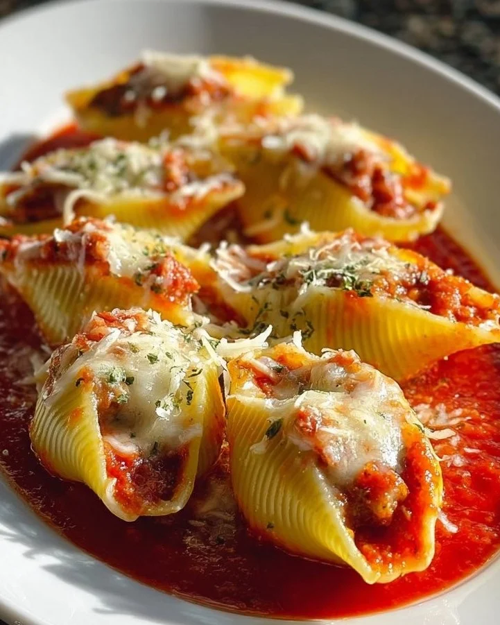Cheesy stuffed pasta shells topped with marinara sauce and cheese